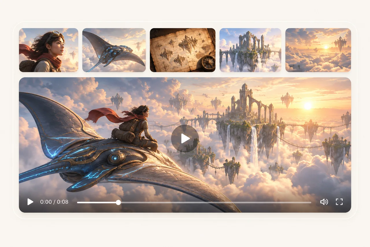 Reference images combined into a fantasy adventure scene above the clouds