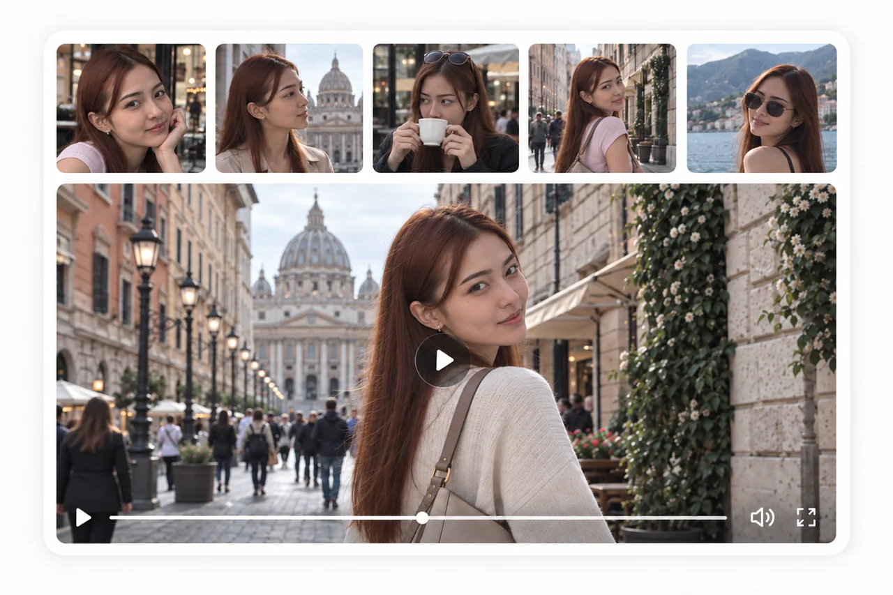 Travel photos arranged above a portrait video preview in a city