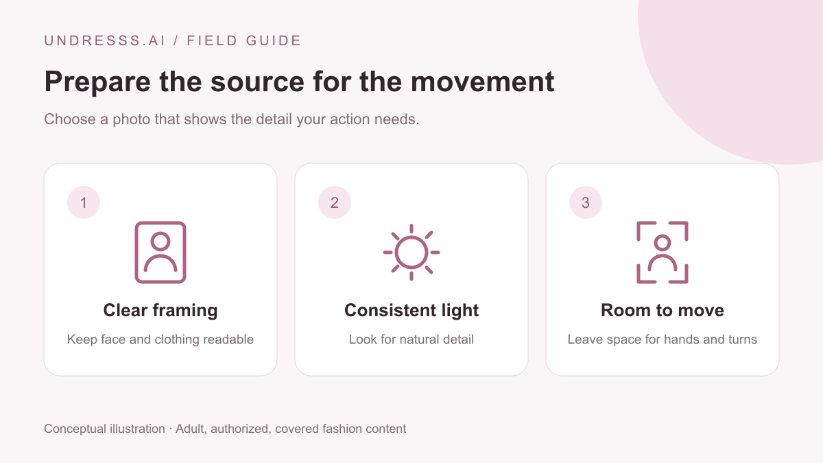 Source-photo checklist illustrating clear framing, even light, and space for motion