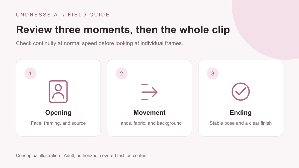 Three checkpoints for reviewing a fashion video at its opening, main movement, and ending